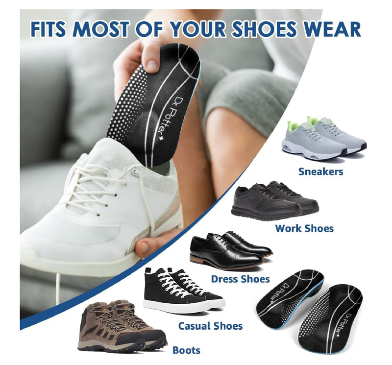 3/4 Plantar Fasciitis Insoles, High Arch Support Inserts for Flat Feet,