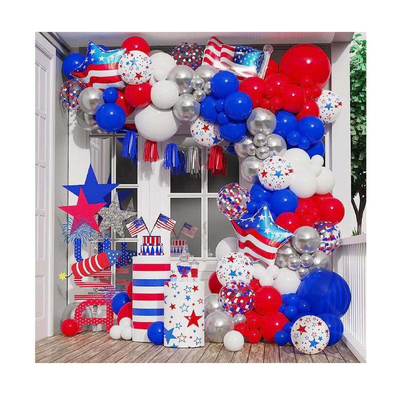 DUBEDAT 144Pcs Red White and Blue Balloon Garland with Flag and Star for Independence