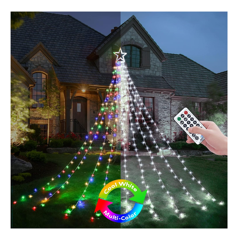 Decute Outdoor Christmas Decorations Star String Lights Color Changing Timer with Remote, Waterproof 320 Led Tree Toppers Fairy Lights for Yard Garden Backyard Holiday Decor Cool White + Multi-Color