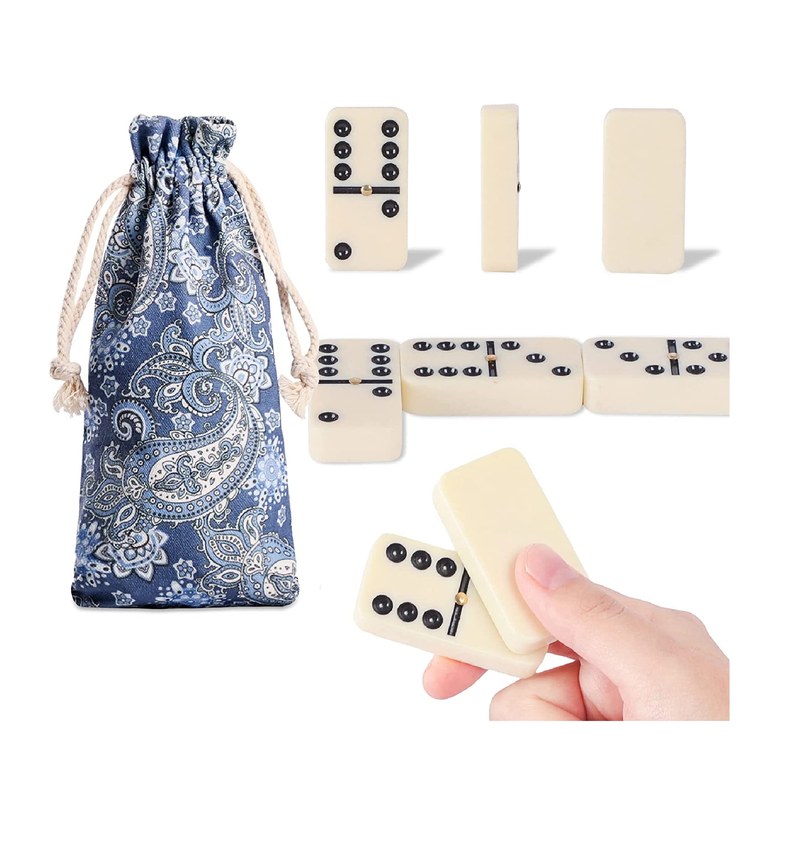 Dominoes Set for Adults Large Size Tile 2.17 Inch 28 Pieces Double Six Dominos Set for Classic Table Game Ivory with Black Dots Tiles Family Game Set with Blue Canvas Bag for 2 to 4 Players