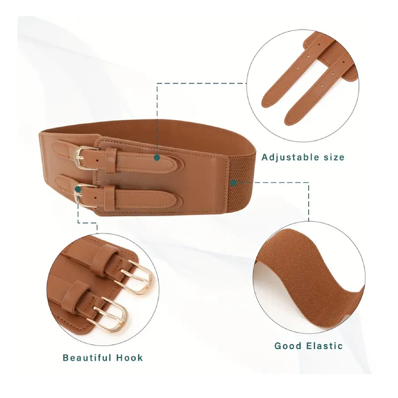 Double Buckle Cinch Belts For Women PU Leather Wide Corset Belt Elastic Waistband Vintage Dress Coat Girdle For Women
