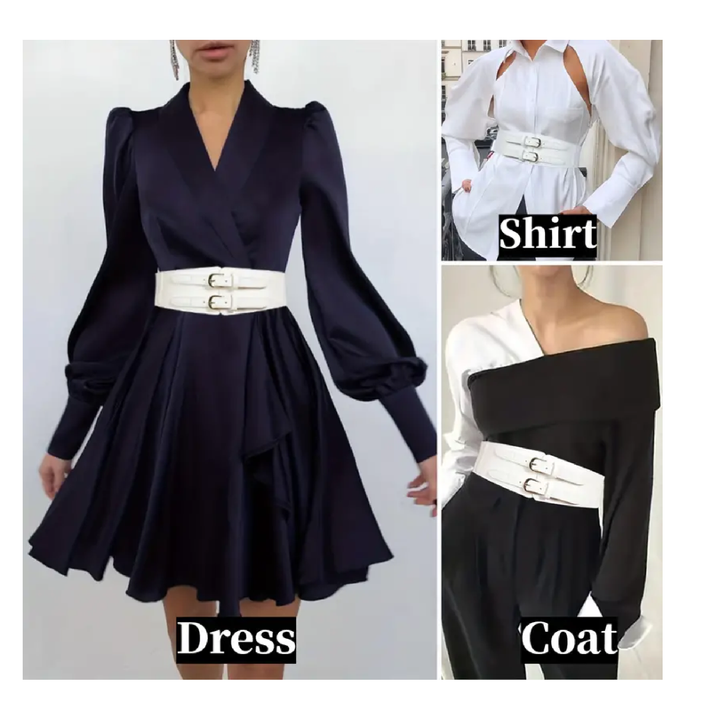 Double Buckle Cinch Belts For Women PU Leather Wide Corset Belt Elastic Waistband Vintage Dress Coat Girdle For Women