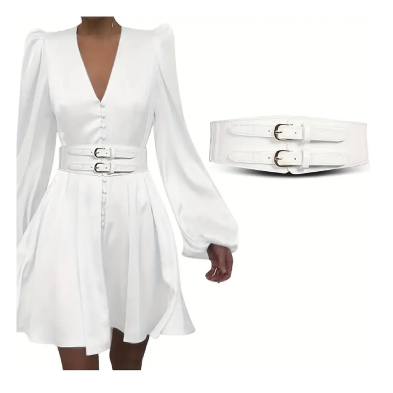 Double Buckle Cinch Belts For Women PU Leather Wide Corset Belt Elastic Waistband Vintage Dress Coat Girdle For Women