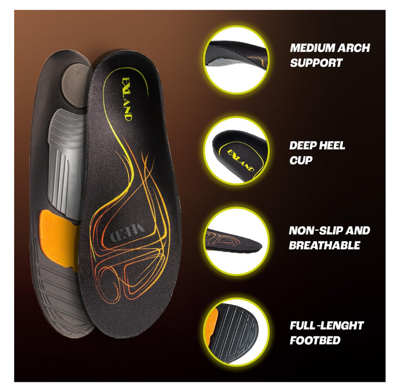 Exland Plantar Fasciitis Insoles - Low Arch Support for Flat Feet - Pain Relief