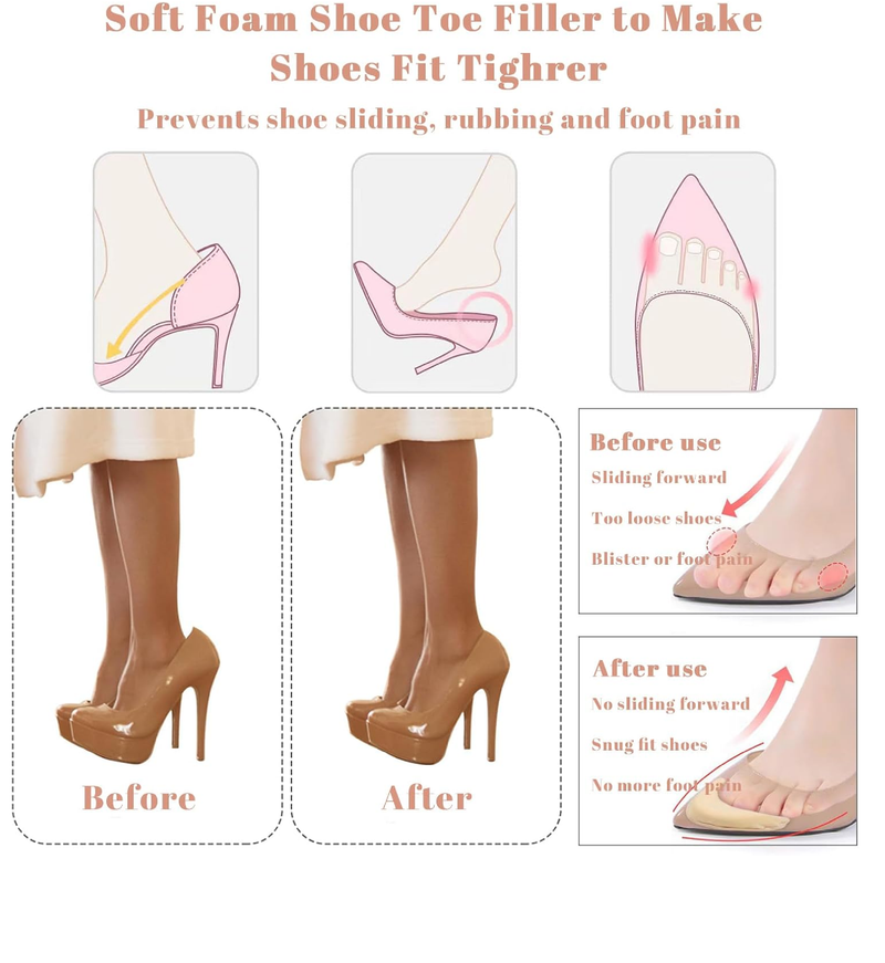 Toe Inserts for Shoes Too Big, 2 Pairs Foam Toe Filler to Make Shoes Fit Tighter,