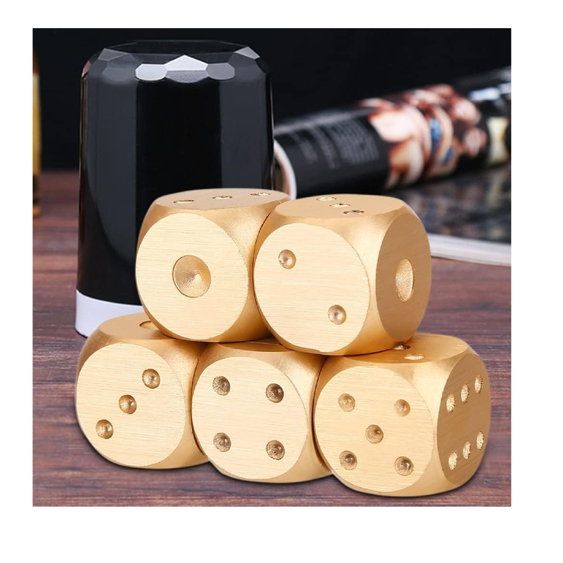 Table Game Dice 5 Pieces 6-Sided Metal Dices Set Aluminium Alloy Tabletop Game Poker Games Dices with Storage Box for Party Playing Games Gold Square Box