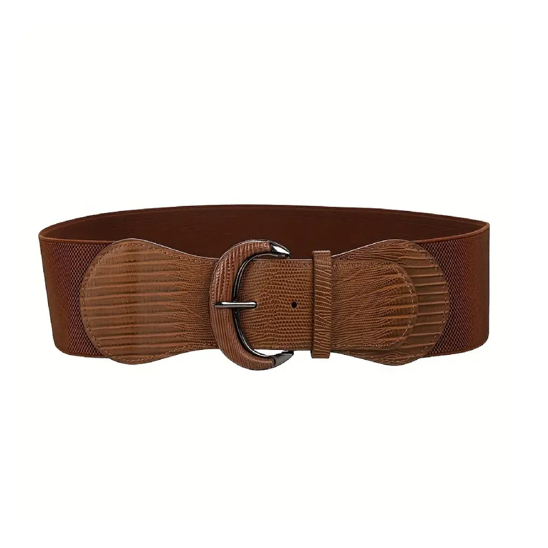 Elegant Wide Elastic Belt Vintage PU Leather Oval Buckle Solid Color Waistband Classic Dress Coat Girdle For Women