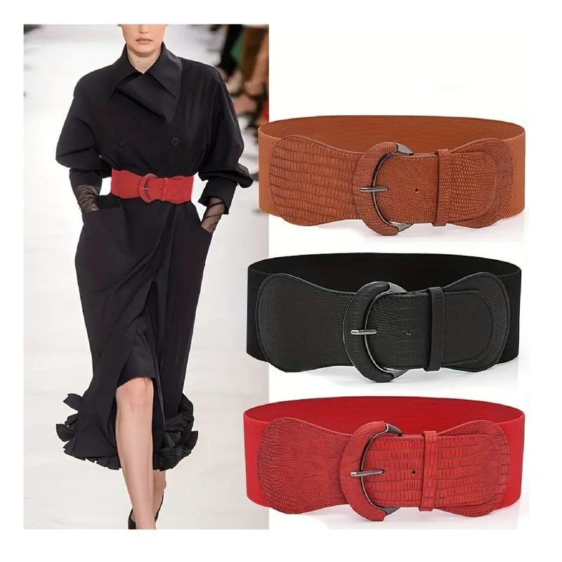 Elegant Wide Elastic Belt Vintage PU Leather Oval Buckle Solid Color Waistband Classic Dress Coat Girdle For Women