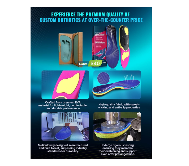 Fit Geno Orthotics Inserts for High Arch Pain Relief – Heavy Duty Shoe Inserts for Women & Men 220lbs