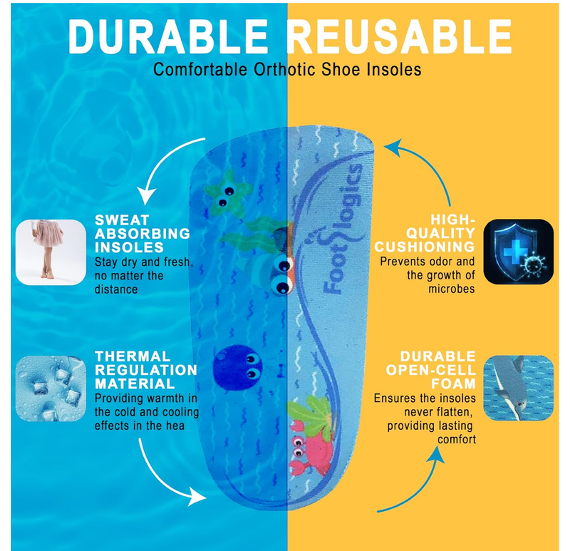 Fun Kids Orthotic Shoe Insoles with Arch Support for Children’s Heel Pain (Sever’s Disease),