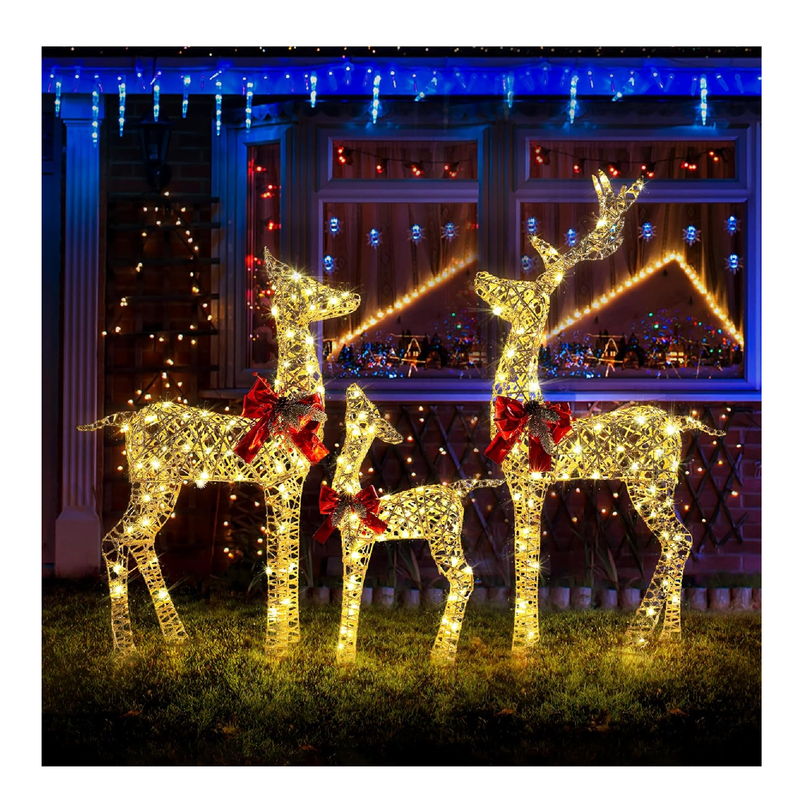 GENIMO 3-Piece Outdoor Reindeer Christmas Decorations Yard, Pre Lit Deer Family 390 Led Lights