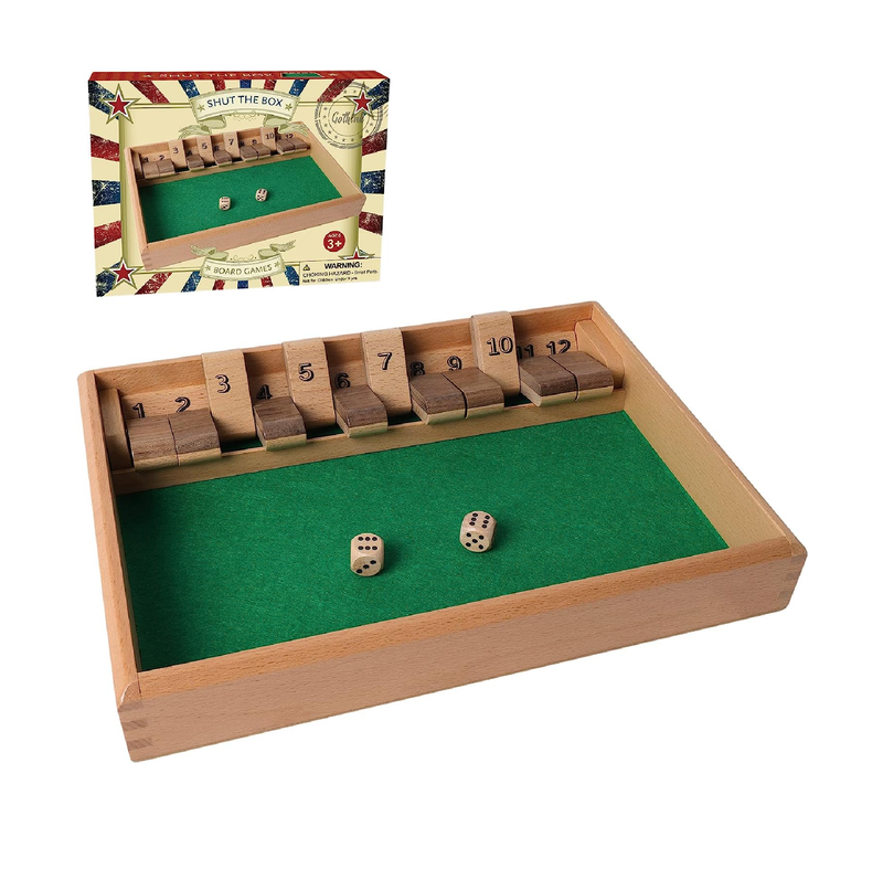 GOTHINK Shut The Box Dice Game Traditional Wooden Table Math Board Game for Kids & Adults 12 inch with 2pcs Dices Perfect for Family