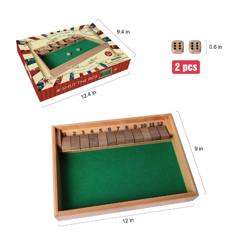 GOTHINK Shut The Box Dice Game Traditional Wooden Table Math Board Game for Kids & Adults 12 inch with 2pcs Dices Perfect for Family