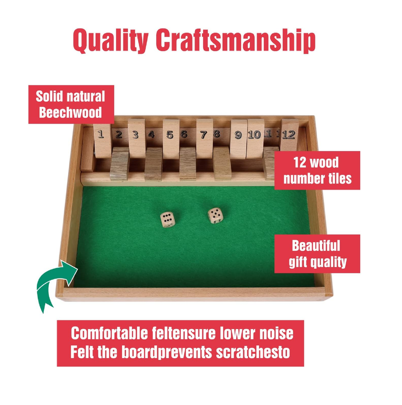 GOTHINK Shut The Box Dice Game Traditional Wooden Table Math Board Game for Kids & Adults 12 inch with 2pcs Dices Perfect for Family