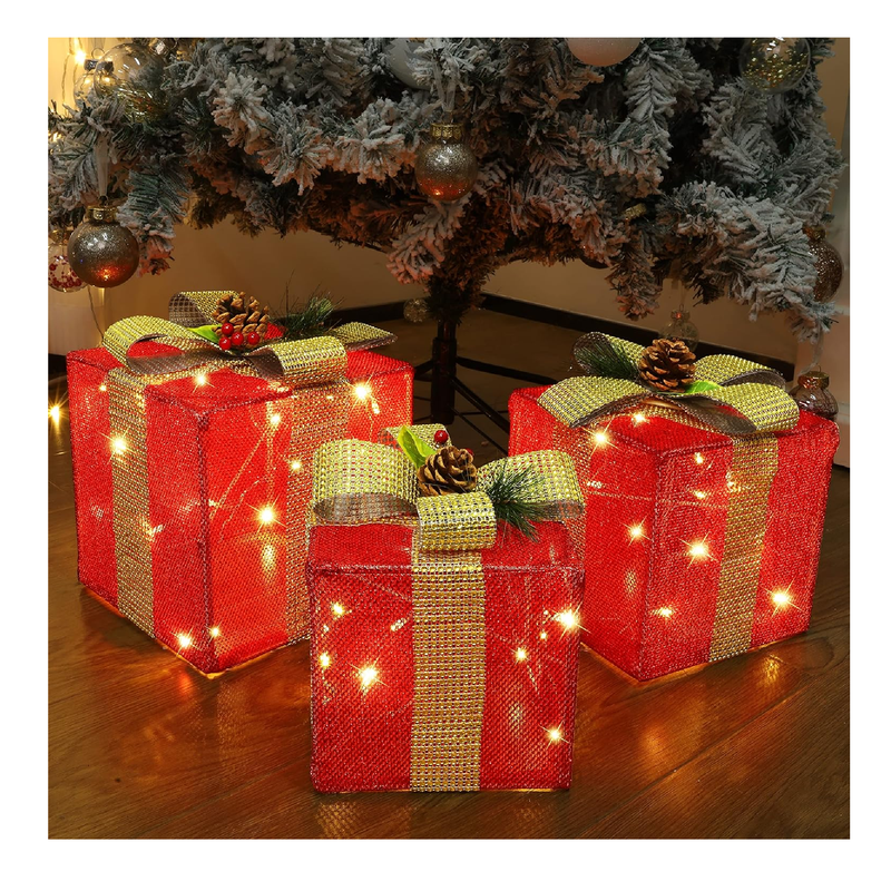 GUOOU Set of 3 Lighted Gift Boxes Christmas Decorations, 60 LED Red Lighted Christmas Tree Present Boxes, Christmas Home Gift Box Decorations