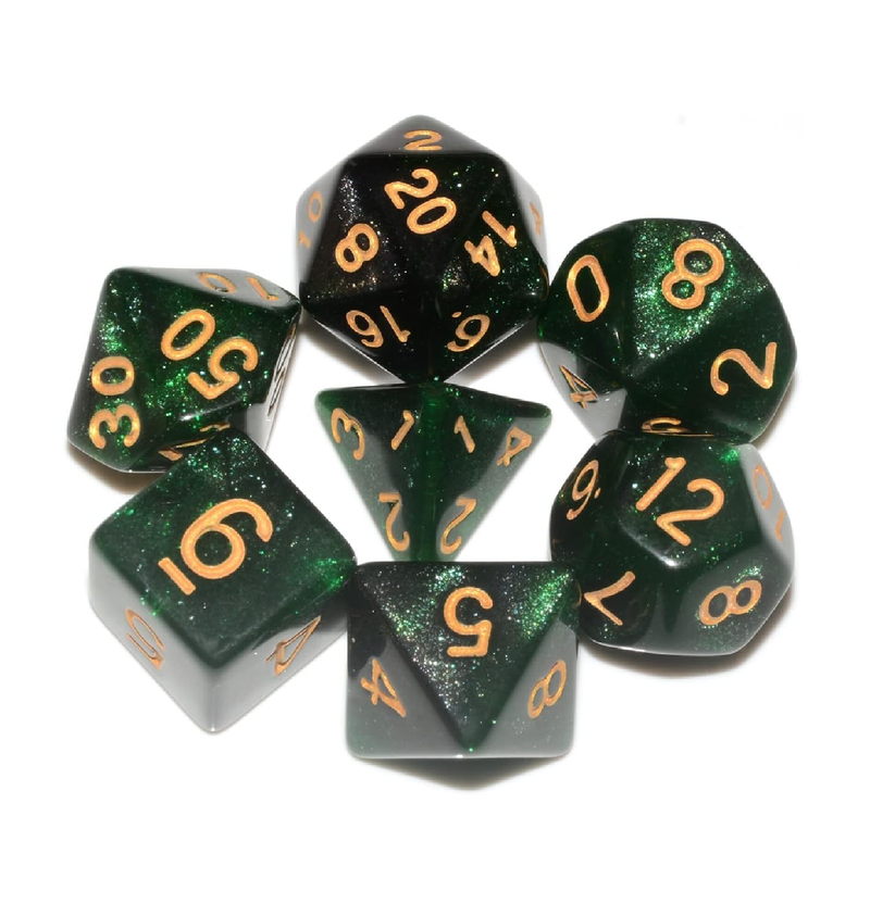 ALiuxiluo Galaxy DND Dice 7Pieces Glitter Sparkle Cosmic Green Black Mixed Polyhedral DND Dice for RPG MTG Table Game Dice