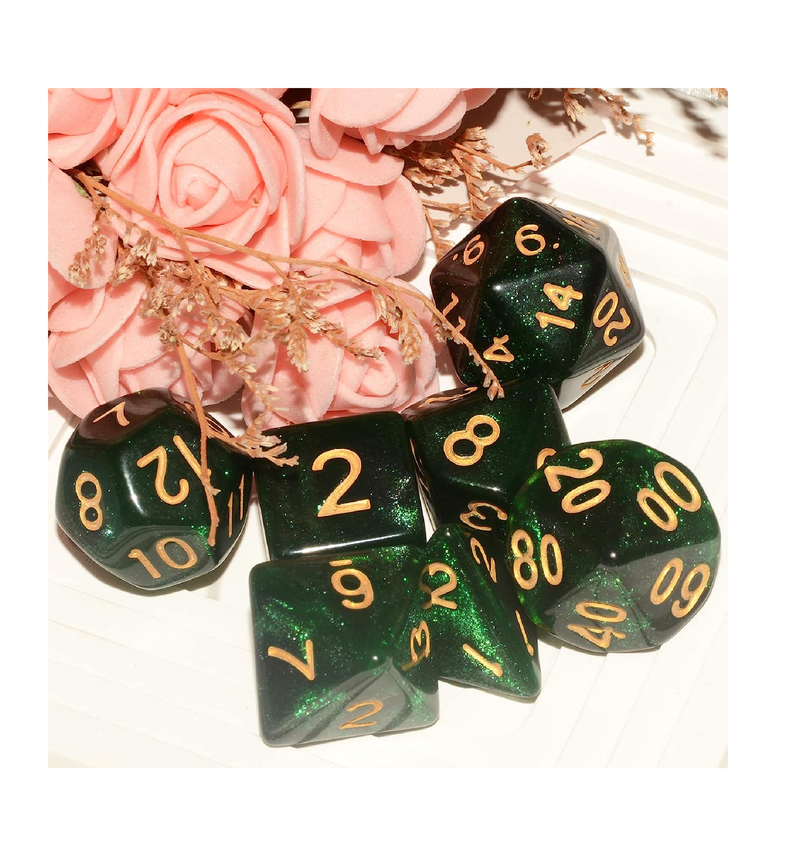 ALiuxiluo Galaxy DND Dice 7Pieces Glitter Sparkle Cosmic Green Black Mixed Polyhedral DND Dice for RPG MTG Table Game Dice