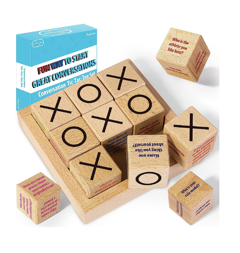 Garybank Conversation Cubes W/Tic Tac Toe Game Great Conversation Starter Building Relationship Wooden Block for Family Game Night School Counselor Supplies Therapy Icebreaker Game for Kid Teen Adult