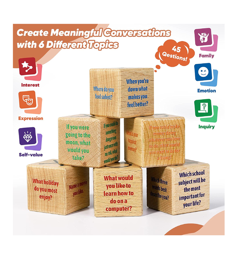 Garybank Conversation Cubes W/Tic Tac Toe Game Great Conversation Starter Building Relationship Wooden Block for Family Game Night School Counselor Supplies Therapy Icebreaker Game for Kid Teen Adult