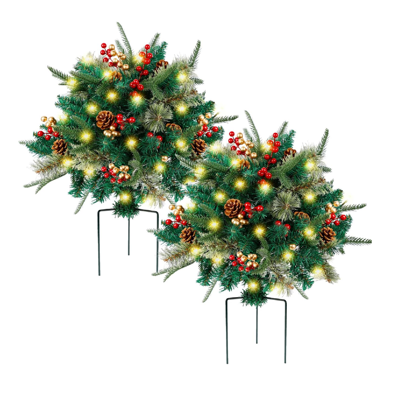 Glintoper Lighted Artificial Christmas Urn Filler, Pre-lit Xmas Pine Trees with Cones, Golden & Red Berries, Tripod Stake and 60 LED Lights, Outdoor Light Up Planter Filler Holiday Home Decor, 2 Pack