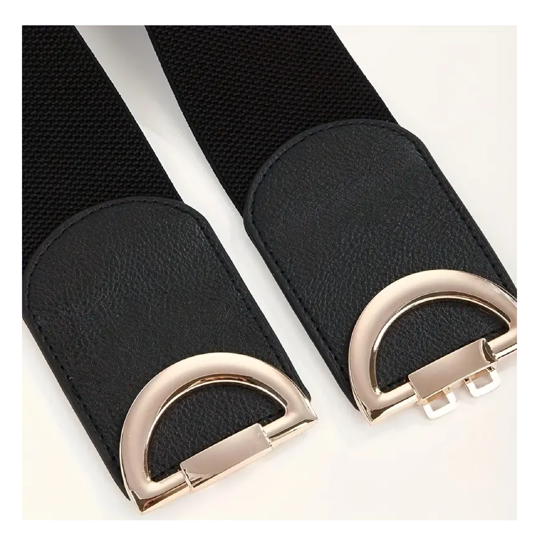 Golden Double D Buckle Wide Belts Elegant Solid Color Waspie Belt Trendy Elastic Waistband Casual Dress Coat Girdle For Women