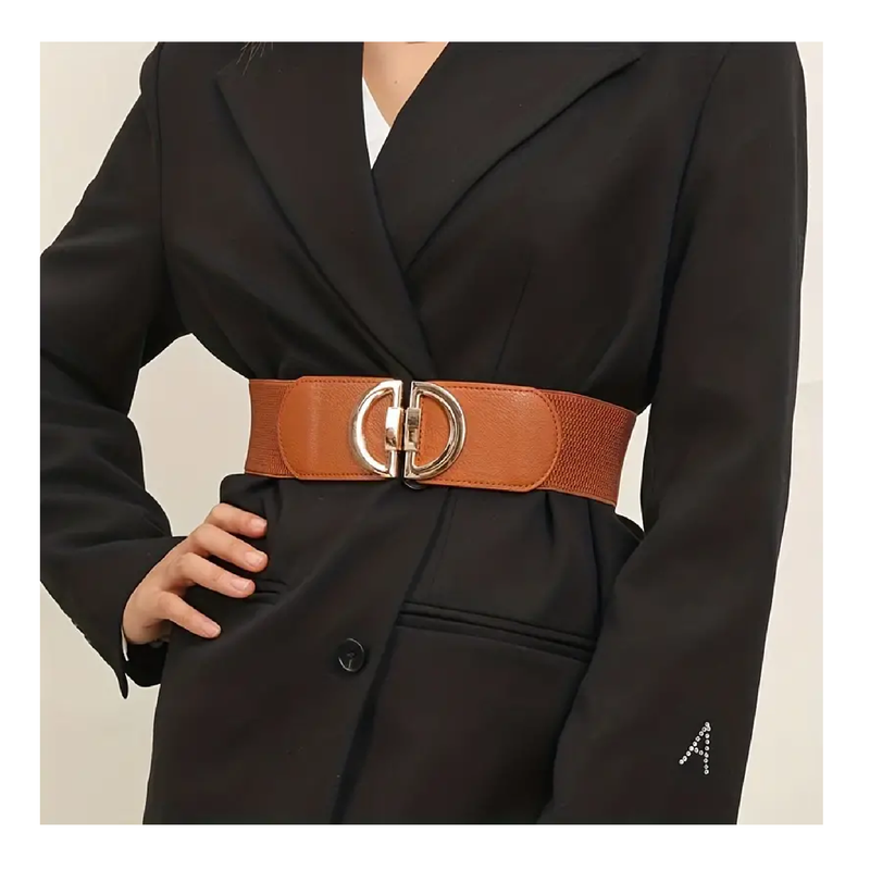 Golden Double D Buckle Wide Belts Elegant Solid Color Waspie Belt Trendy Elastic Waistband Casual Dress Coat Girdle For Women