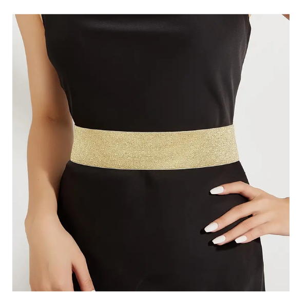 Golden Silvery Glitter Wide Belts Elegant Solid Color Elastic Waistban