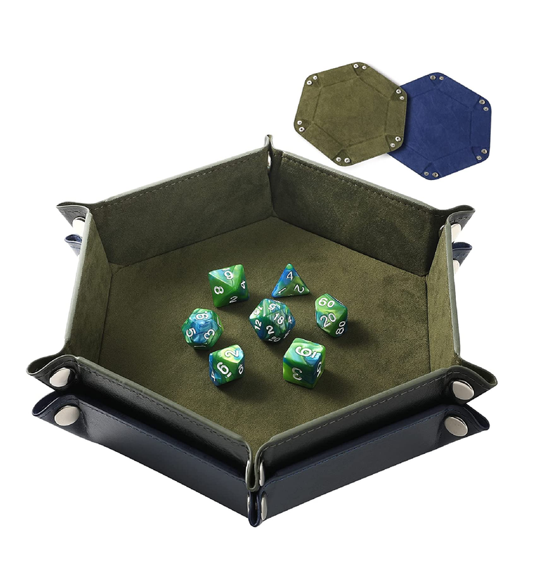 Grajar 2 Pcs Portable Folding Dice Rolling Tray Set for RPG DND Table Games PU Leather and Velvet Holder Storage Box  RoyalBlue and Green