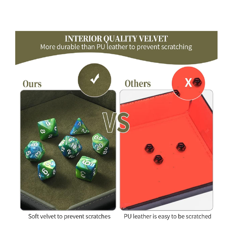 Grajar 2 Pcs Portable Folding Dice Rolling Tray Set for RPG DND Table Games PU Leather and Velvet Holder Storage Box  RoyalBlue and Green