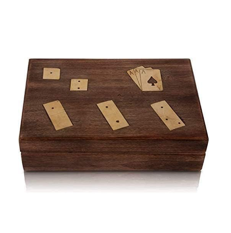 Great Gift Ideas Wooden Playing Card Box with 5 Dice & 28 Dominoes Tiles Game Set Deck Pack Case Holder Storage Accessories