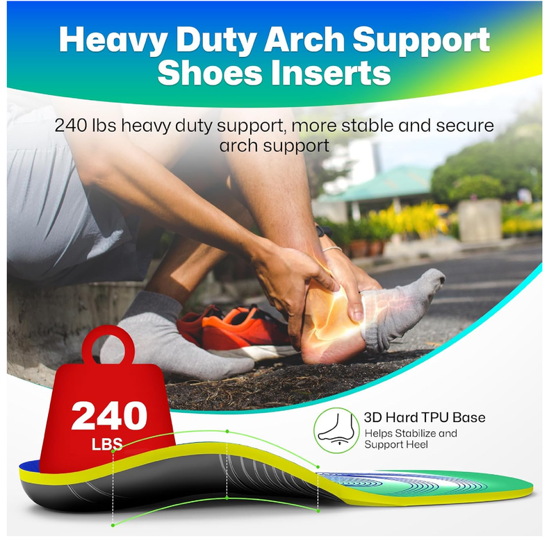 Upgraded Plantar Fasciitis Insoles, 240lbs Heavy Duty Work Boot Insoles for Men, Arch Support Orthotics Inserts, Athletic Gel Shoe Inserts for Pain Relief,