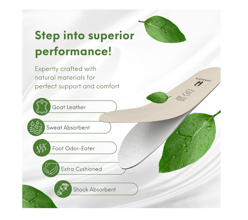 HANDARTE Leather Orthopedic Insoles | Padded Comfort Shoe Inserts for Women | 100% Natural Goatskin