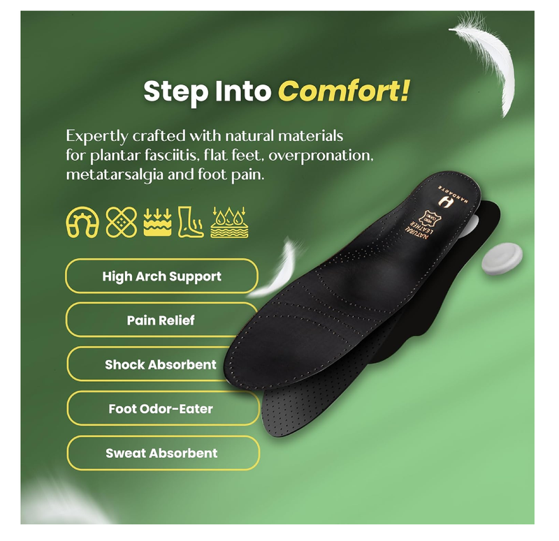 HANDARTE Leather Plantar Fasciitis Insoles | High Arch Support Inserts for Women | Overpronation Insoles for Flat Feet & Metatarsalgia Relief