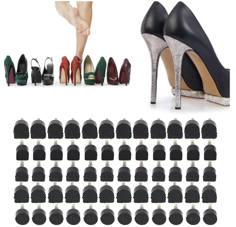 60PCS Heel Tips for High Sheel, 5 Size Heel Replacement Tips, PU Material Shoe Caps Repair Kit, Lower Noise (Black)