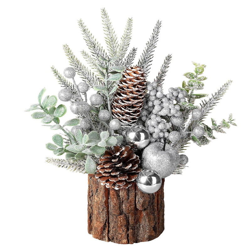 Hatisan Small Christmas Tree, Artificial Christmas Tree with Christmas Ornaments Pine Cone Berry (Silver-Round)