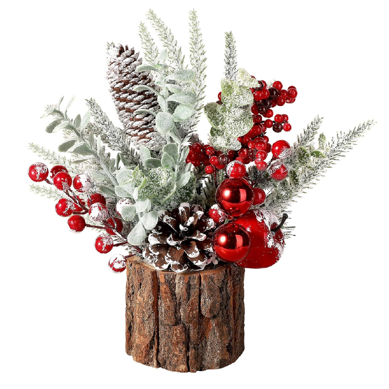 Hatisan Small Christmas Tree, Artificial Christmas Tree with Christmas Ornaments Pine Cone Berry, Tabletop Christmas Tree for Christmas (Red-Round)