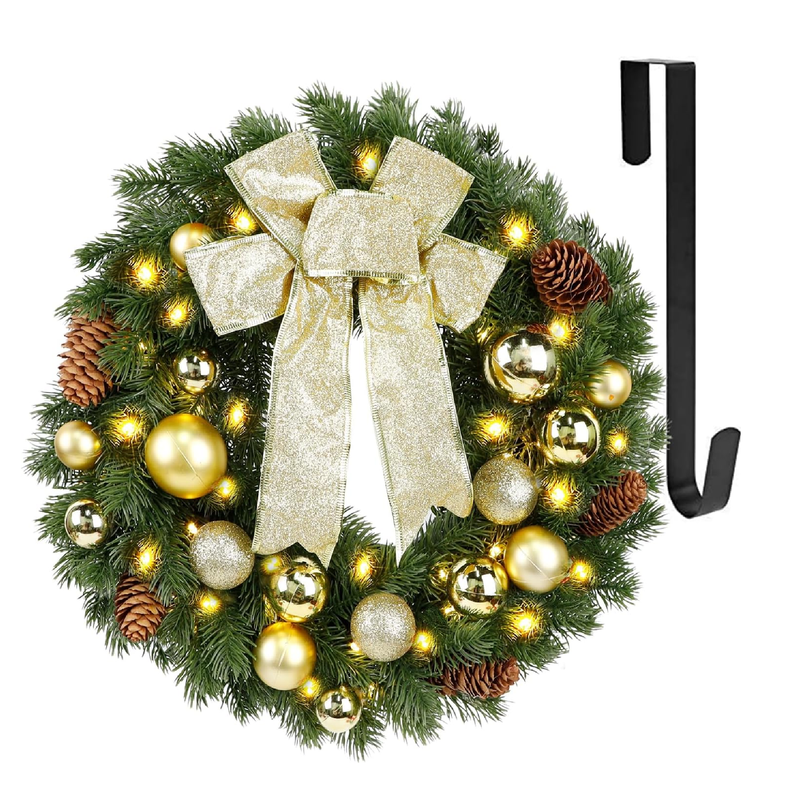 Hausse Lighted Christmas Wreath with Metal Hanger, Pre-lit Xmas Wreath with Large Golden Bow & Balls, 8 Modes & Timer, Battery Operated with 40 Lights, for Front Door Gate Wall Xmas Party Decorations