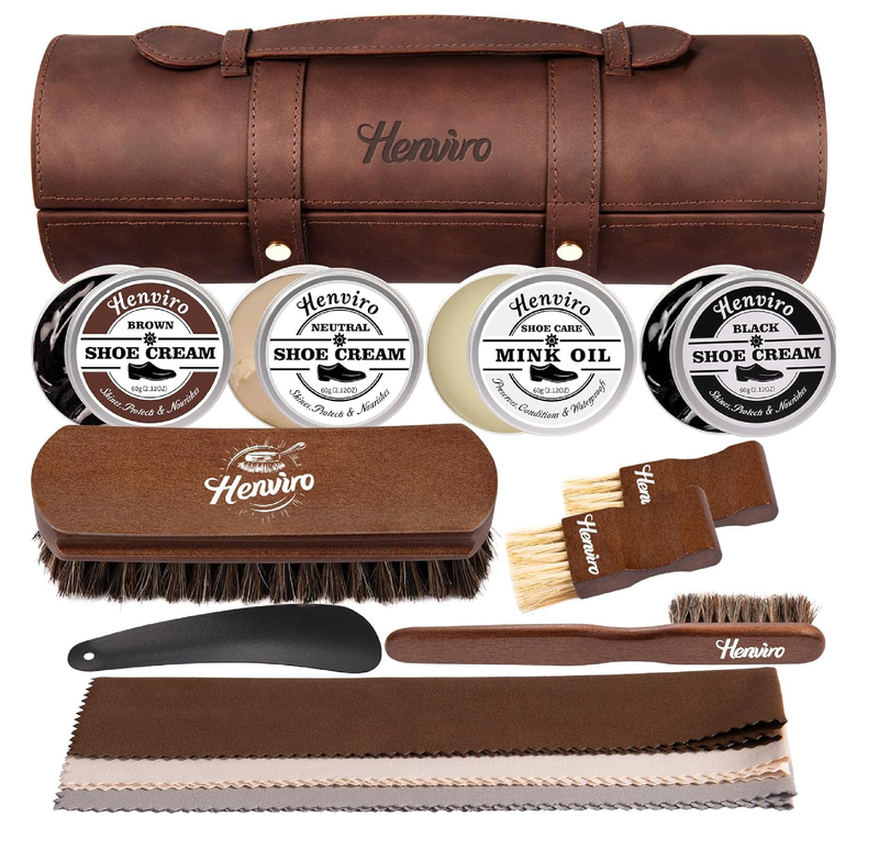 Henviro Leather Shoe Polish Kit - Birthday Gifts for Men, Dad, Shoe Shine Kit, Leather Boot Care Kit, Mens Gifts Ideas