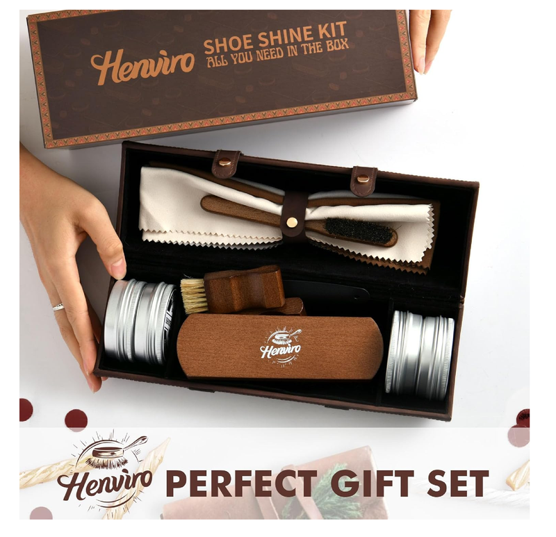 Henviro Leather Shoe Polish Kit - Birthday Gifts for Men, Dad, Shoe Shine Kit, Leather Boot Care Kit, Mens Gifts Ideas