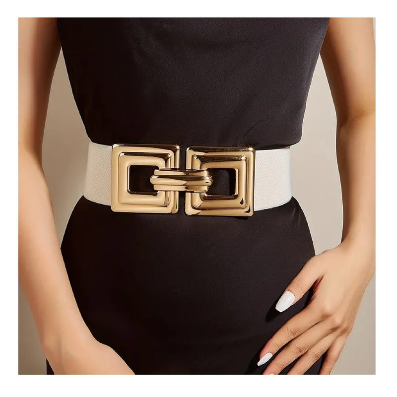 Hollow Out Square Buckle Belt Classic Golden White Elastic Wide Waistband Elegant Decoration Dress Girdle For Women