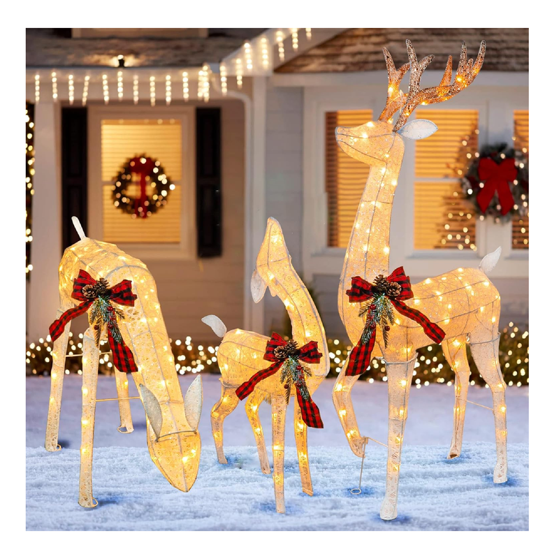 Hourleey 3-Piece Pre-Lit Christmas Reindeer Family Set, 3D Plug in 170 Count Warm White Lighted Christmas Decoration Outdoor