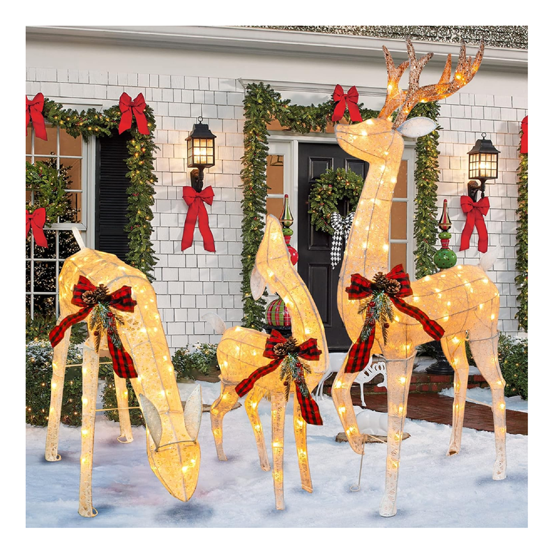 Hourleey 3-Piece Pre-Lit Christmas Reindeer Family Set, 3D Plug in 170 Count Warm White Lighted Christmas Decoration Outdoor