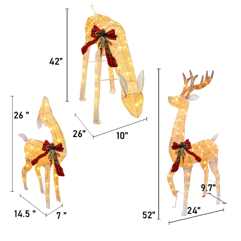 Hourleey 3-Piece Pre-Lit Christmas Reindeer Family Set, 3D Plug in 170 Count Warm White Lighted Christmas Decoration Outdoor