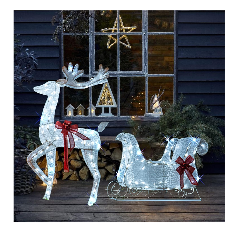 Hourleey Lighted Christmas Decorations Outdoor, Pre-Lit 3D Santa Sleigh Reindeer with 100 LED Cool White Light