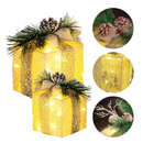 Hourleey Set of 3 Christmas Lighted Gift Boxes, Pre-lit 60 LED Light Up Present Boxes Ornament Outdoor Warm White Tinsel Boxes Decoration for Indoor Christmas Home Yard Lawn Decor