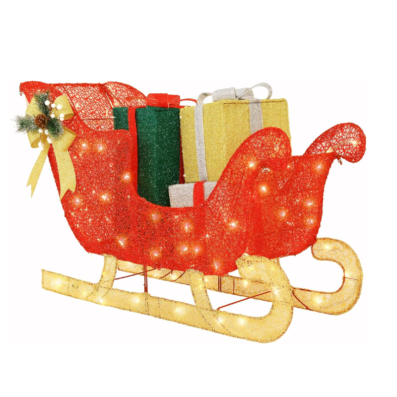 Hykolity 3FT 3D Genuine Lighted Christmas Sleigh, Outdoor Christmas Sleigh & Gift Boxes Yard Decorations