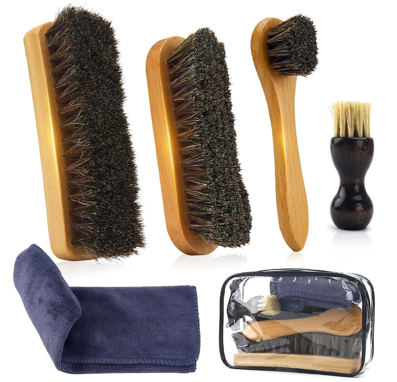 IKI 6 Pcs Horse Hair Shoe Brush Kit for Suede, Leather & Boots Cleaning with Microfiber Cloth & Travel Pouch