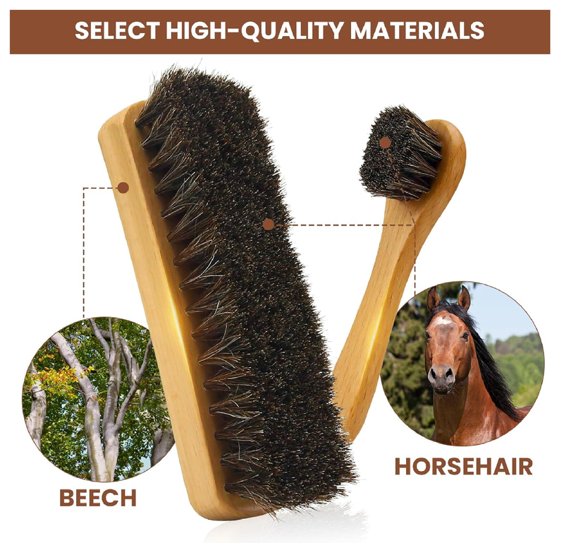 IKI 6 Pcs Horse Hair Shoe Brush Kit for Suede, Leather & Boots Cleaning with Microfiber Cloth & Travel Pouch