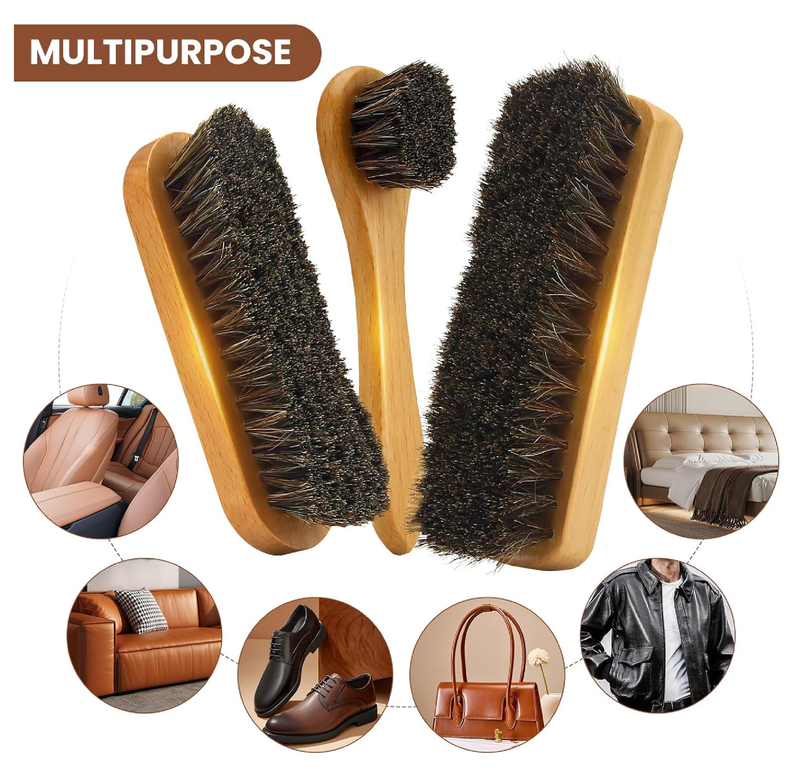 IKI 6 Pcs Horse Hair Shoe Brush Kit for Suede, Leather & Boots Cleaning with Microfiber Cloth & Travel Pouch