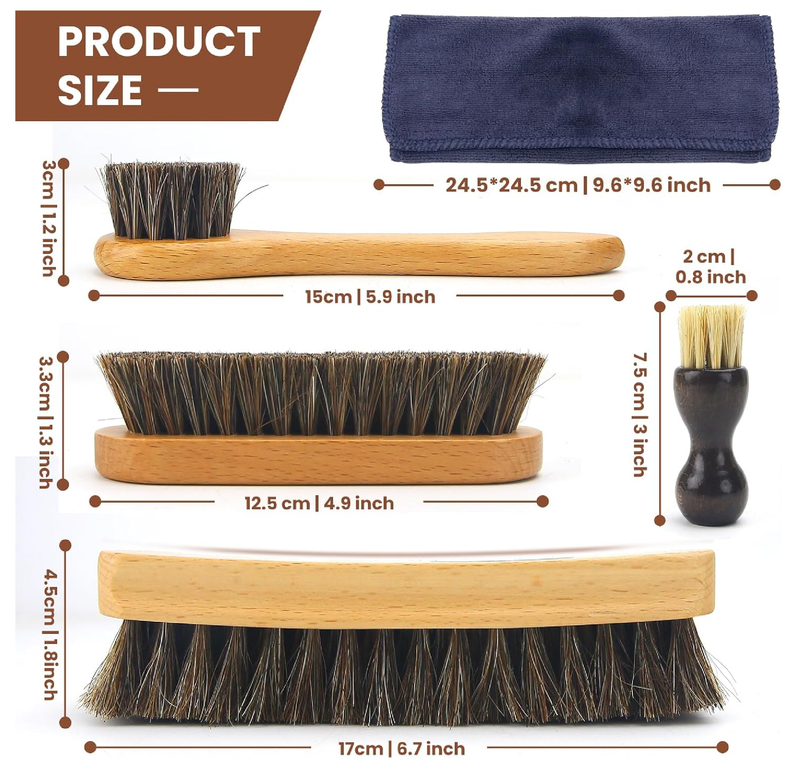 IKI 6 Pcs Horse Hair Shoe Brush Kit for Suede, Leather & Boots Cleaning with Microfiber Cloth & Travel Pouch